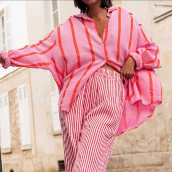 Women’s Pink + Red Striped button up collared blouse | Size Medium | NEW - Picture 3 of 6